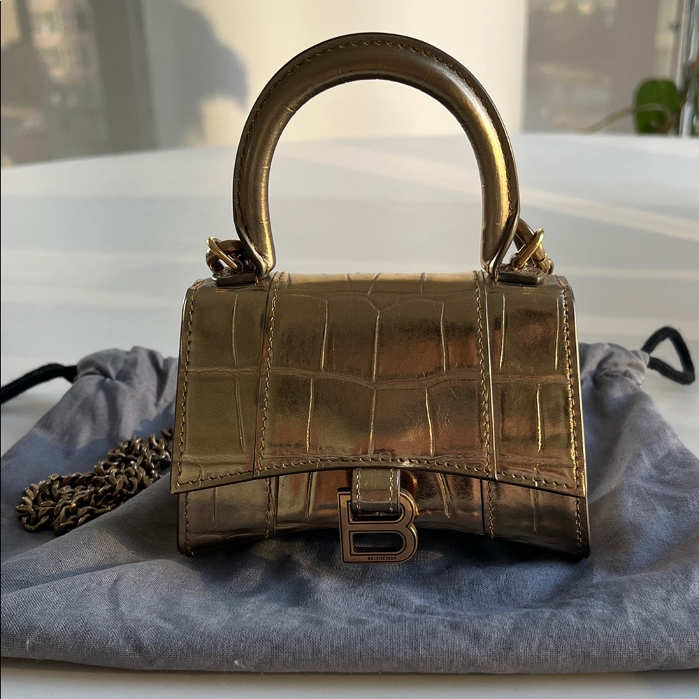 Balenciaga Metallic Gold Croc-Embossed Mini Top Handle Bag with Chain
